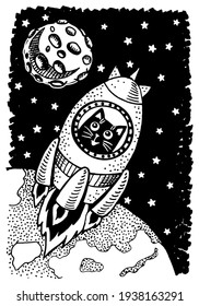 Children's Illustration Black Cat-Astronaut Flies on the Moon