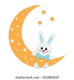 Children's illustration bunny hanging on the Moon, color vector illustration in flat style, design, decoration, paper craft