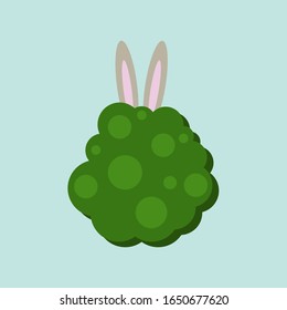 Children's illustration, a bunny hid behind a bush. Vector flat illustration.