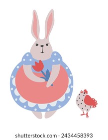 Children's illustration. Caring hare and white hen. Soft drawing. Delicate color scheme.