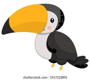 Children's illustration. Cartoon cute character rainbow toucan with big yellow beak, smile and ruddy cheeks isolated on white background. Exotic tropical bird. Vector.