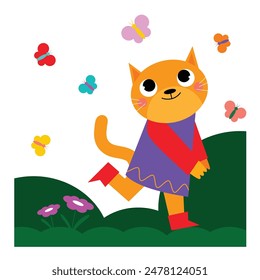 Children's illustration with a cat and butterflies.