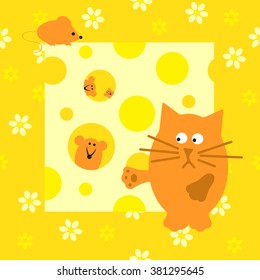 Children's illustration with a cat and mice. Vector background.