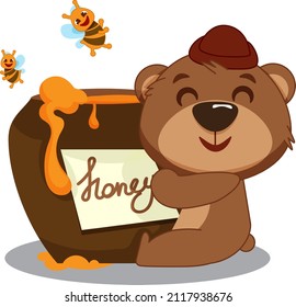 Children's illustration of the character little bear. The bear loves honey. A pot of honey. Bees .
