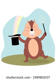 children's illustration, a chipmunk with a magic wand and a top hat