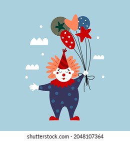 Children's illustration with circus clown. Vector hand drawn illustration.