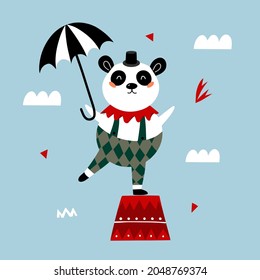 Children's illustration with circus panda. Vector hand drawn illustration.