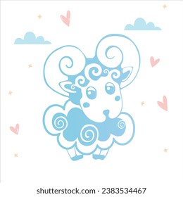 Children's illustration of a cloud sheep. Silhouette of a sheep with a pattern. Children's dreams and animals. Cute creatures. 
