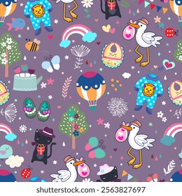 Children's illustration, colorful seamless pattern, children's clothing, rainbow, stork, tree, twigs, balloon, flowers, kitty, etc. print, wrapping paper fabric textile banner web design illustration 