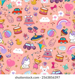 Children's illustration, colorful seamless pattern, rainbow, toys, kite, vector