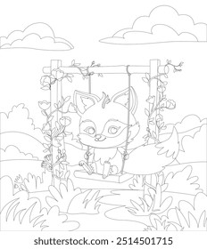 Children's illustration for coloring. Vector hand drawn illustration with outlines. Cute little fox sitting on a swing in the park. Summer day.