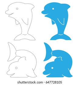 Children's illustration of the contours of two dolphins and an example of their simple coloring in two colors