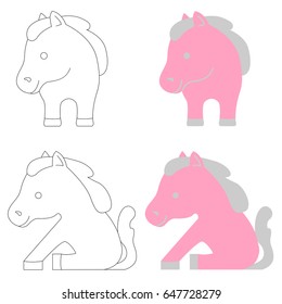 Children's illustration of the contours of two horses and an example of their simple coloring in two colors