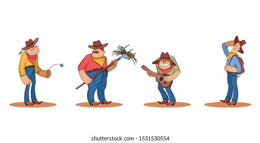 Children's illustration with cowboys. Cartoon cowboys. Wild west. Character for rodeo set on a white background