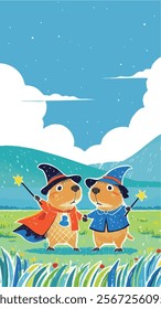 Children's illustration, crayon style, capybara, magical animals, wizard hats, wands, grassland, blue sky, clouds, mountains, colorful, playful, fantasy, nature, whimsical, cute, hand-drawn.