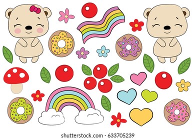 Children's illustration with a cute bears and elements (donut, rainbow, heart, berry,  mushroom, leaf, flower). Best Choice for cards, invitations, prints or baby shower albums, arts and scrapbooks. 