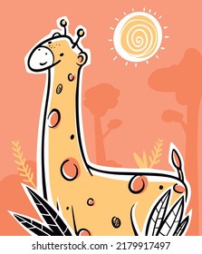 children's illustration of cute hand drawn giraffe with orange background