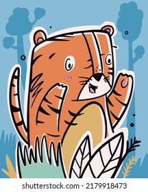 children's illustration of cute hand drawn tiger with blue background