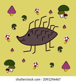 Children's illustration of a cute little hedgehog on a background of mushrooms. Cartoon hedgehog vector illustration. The drawing is made in the style of primitivism naive art and minimalism.