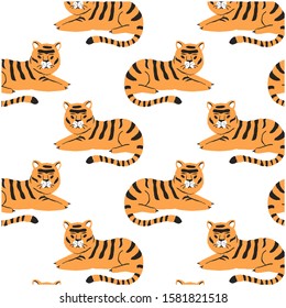 
Children's illustration: a cute orange tiger on a white background. Vector graphics. flat drawing pattern