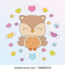 Children's illustration with cute owl and elements - flowers, birds, hearts. Best Choice for cards, invitations, prints or baby shower albums, arts and scrapbooks. 