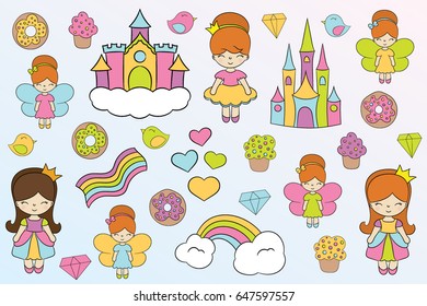 Children's illustration with cute princess and elements - donut, rainbow, heart, cupcake, castle, bird, diamond. Best Choice for cards, invitations, prints or baby shower albums, arts and scrapbooks. 