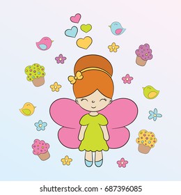 Children's illustration with cute princess and elements - flowers, hearts, birds, cupcake. Best Choice for cards, invitations, prints or baby shower albums, arts and scrapbooks. 