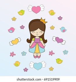 Children's illustration with cute princess and elements - flowers, hearts, birds. Best Choice for cards, invitations, prints or baby shower albums, arts and scrapbooks. 