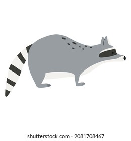 Childrens illustration of a cute raccoon isolated on a white background. Forest raccoon hand-drawn in cartoon style.