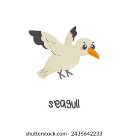Children's illustration, cute seagull, with inscription. vector illustration for teaching children, t-shirt