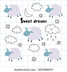 Children's illustration with cute sheep and clouds. Vector illustration