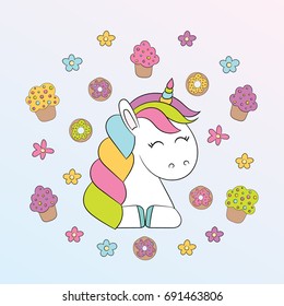 Children's illustration with cute unicorn and elements - flowers, cupcake, donut. Best Choice for cards, invitations, prints or baby shower albums, arts and scrapbooks. 