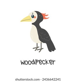 Children's illustration, cute woodpecker, with inscription. vector illustration for teaching children, t-shirt