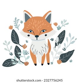 Children's illustration depicts an adorable little fox cub. Set against a transparent background, the print features delicate flowers and leaves adorning the playful fox, creating a captivating scene.