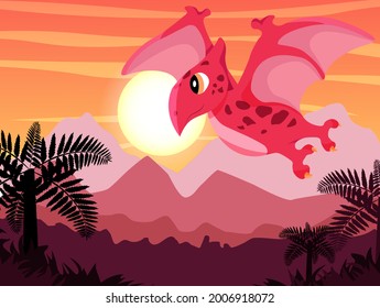 Children's illustration of a dinosaur. Jurassic period. Funny pterodactyl flies over the mountains in the background sunset. Ancient world.