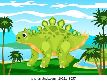 Children's illustration of a dinosaur. Jurassic period. Little cute Stegosaurus in natural habitat. Ancient world, mountains, trees, stones, plants.