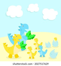 Children's illustration Dinosaurs. A family of cute Tyrannosaurs. Parents feed their children in nature. Jurassic period. Egg, dinosaur. Design for children's books, aunts, invitations, brochures.