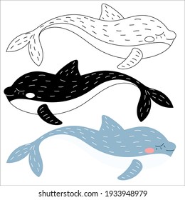 Children's illustration of a dolphin in black and white, color and linear version on a white background. For a children's magazine, postcards, educational toys, coloring pages, stickers. Sea animals