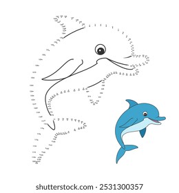 Children's illustration. Dolphin coloring page. Connect the dots by numbers. Games with numbers for children. Vector illustration.