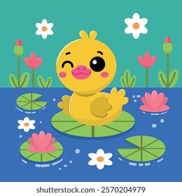 Children's Illustration: A Duckling Joyfully Swimming in the Lake