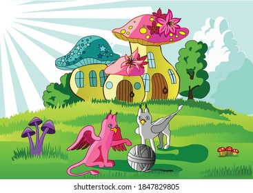 children's illustration fairy tale two griffins playing with a ball of thread on the background of mushroom houses and summer landscape.Drawn children's book illustration, postcards, wallpaper,photo