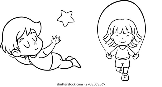 Childrens Illustration Featuring a Boy Reaching for a Star and a Girl Jumping Rope