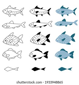 Children's illustration of a fish in black and white, color and linear version on a white background. For a children's magazine, postcards, educational toys, coloring pages, stickers. Sea animals