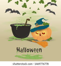 childrens illustration in flat style, on the theme of all saints eve, Halloween, a pumpkin in a witchs hat and a cauldron with a potion vector EPS 10