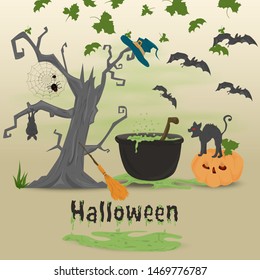 childrens illustration in flat style, on the theme of all saints eve, Halloween, scary tree and pot with potion and pumpkin vector EPS 10