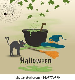childrens illustration in flat style, on the theme of all saints eve, Halloween, pot with potion scary cat and witch hat vector EPS 10