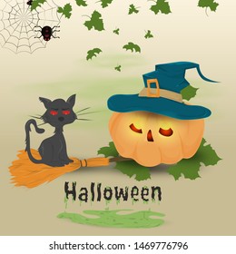 childrens illustration in flat style, on the theme of all saints eve, Halloween, pumpkin in a witch hat vector EPS 10