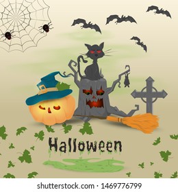 childrens illustration in flat style, on the theme of all saints eve, Halloween, scary tree stump with a cat and a pumpkin vector EPS 10