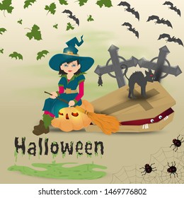 childrens illustration in flat style, on the theme of all saints eve, Halloween, a little witch with a broom sitting on a pumpkin next to the coffin vector EPS 10