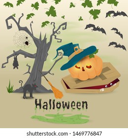 childrens illustration in flat style, on the theme of all saints eve, Halloween, scary tree, pumpkin in a witch hat lying on the coffin vector EPS 10